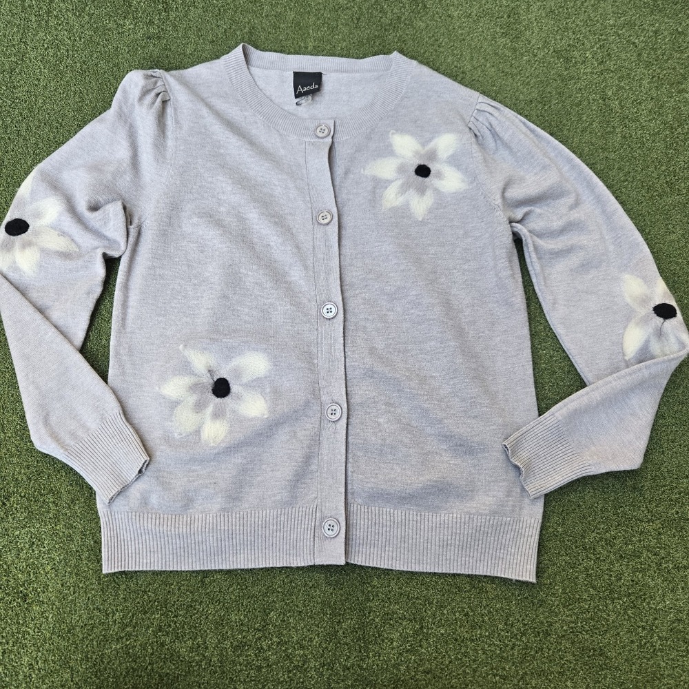 AAEDA Women's small Gray V Neck Cardigan Embellished Felted White Daisies